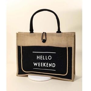 NWT Hello Weekend Black & Natural Burlap Tote Bag